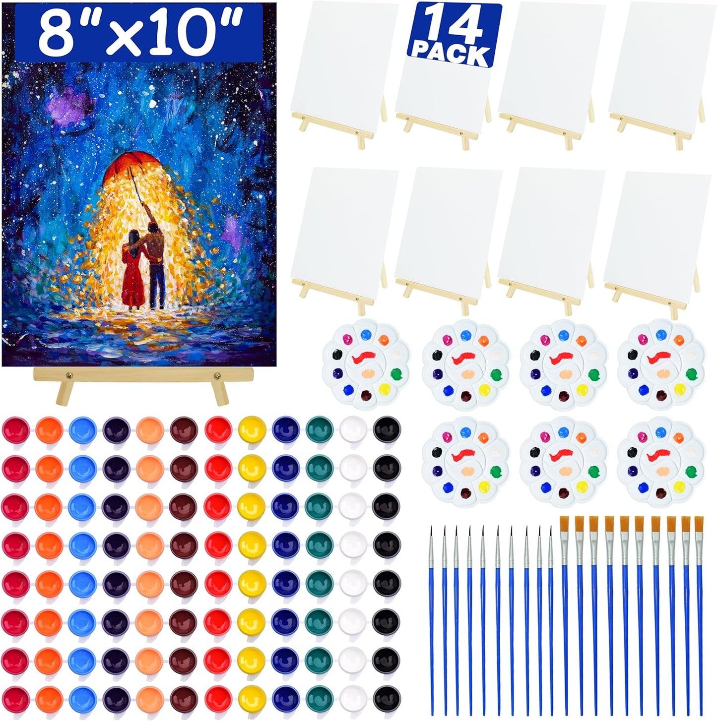 14 Pack 8X10 Inch Canvas and Easel Set, Sip and Paint Kit for Adults,Art Canvas Bulk with Easels Stands, Trays,Small Paint Brushes,12 Colors Mini Acrylic Paint Set for Couples and Party Supplies