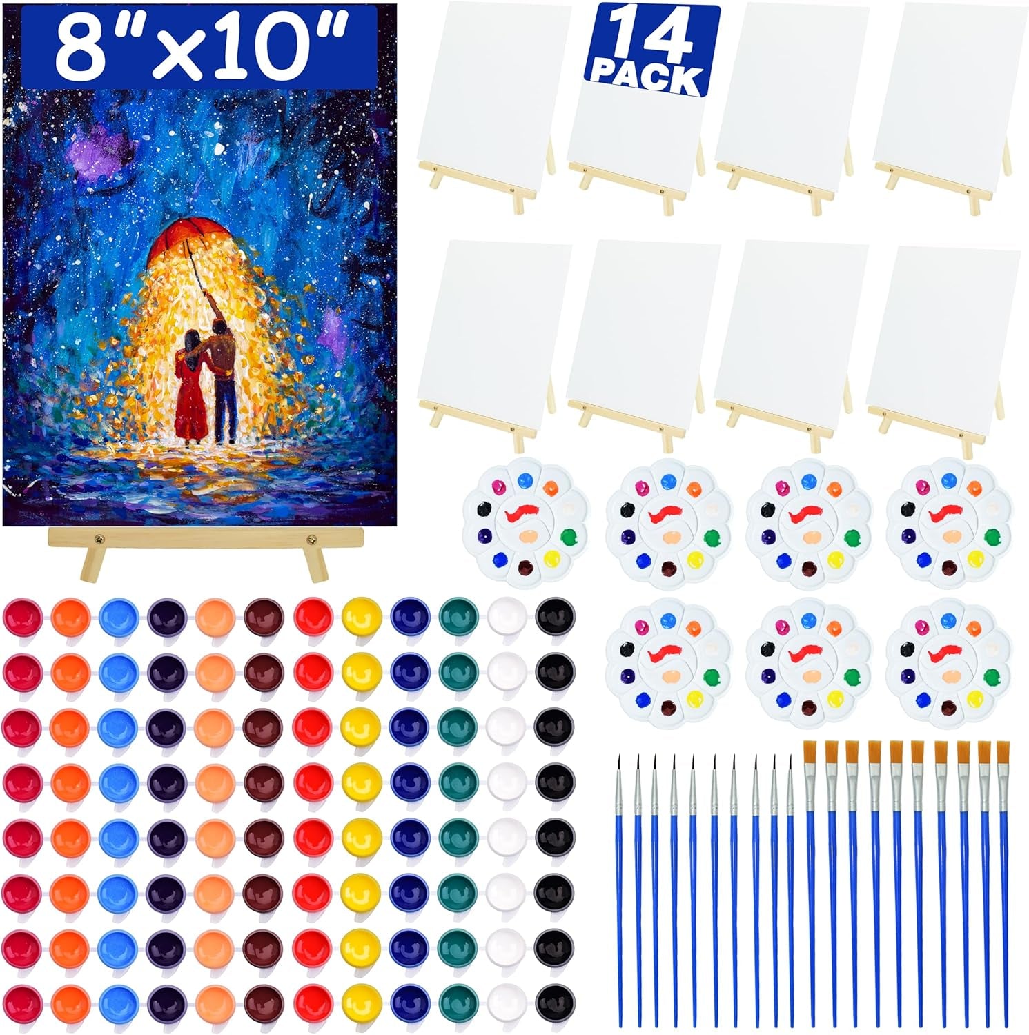 14 Pack 8X10 Inch Canvas and Easel Set, Sip and Paint Kit for Adults,Art Canvas Bulk with Easels Stands, Trays,Small Paint Brushes,12 Colors Mini Acrylic Paint Set for Couples and Party Supplies