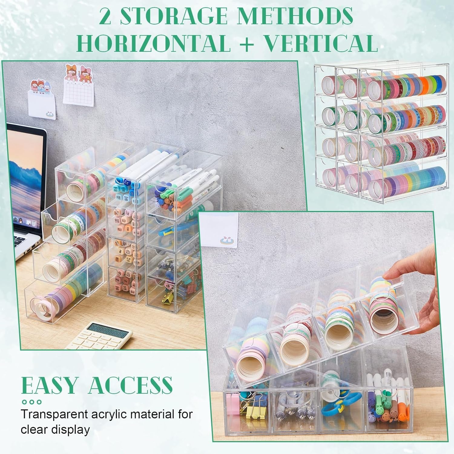 2 Pack Acrylic Washi Tape Organizer, Clear Washi Tape Storage Holder with 4 Sliding Drawers, Desk Accessories Display Caddy Craft Box for Scrapbooking Art Craft Supplies