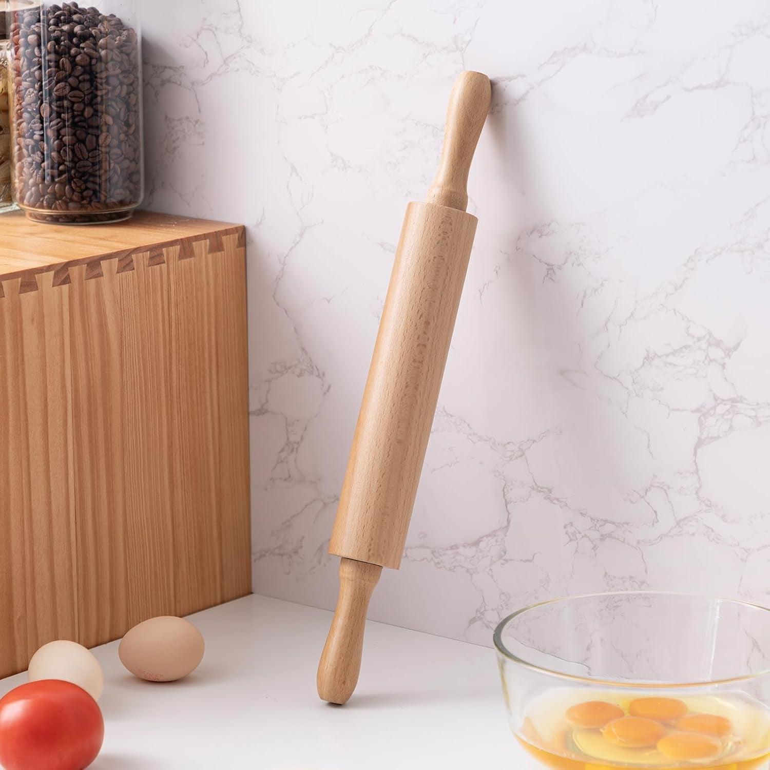 Rolling Pins for Baking, 15.75 Inches Wooden Rolling Pin with Handles, Classic Nonstick Dough Roller for Fondant Pizza Pie Crust Cookie Pastry, Kitchen Baking Essentials, Light Yellow