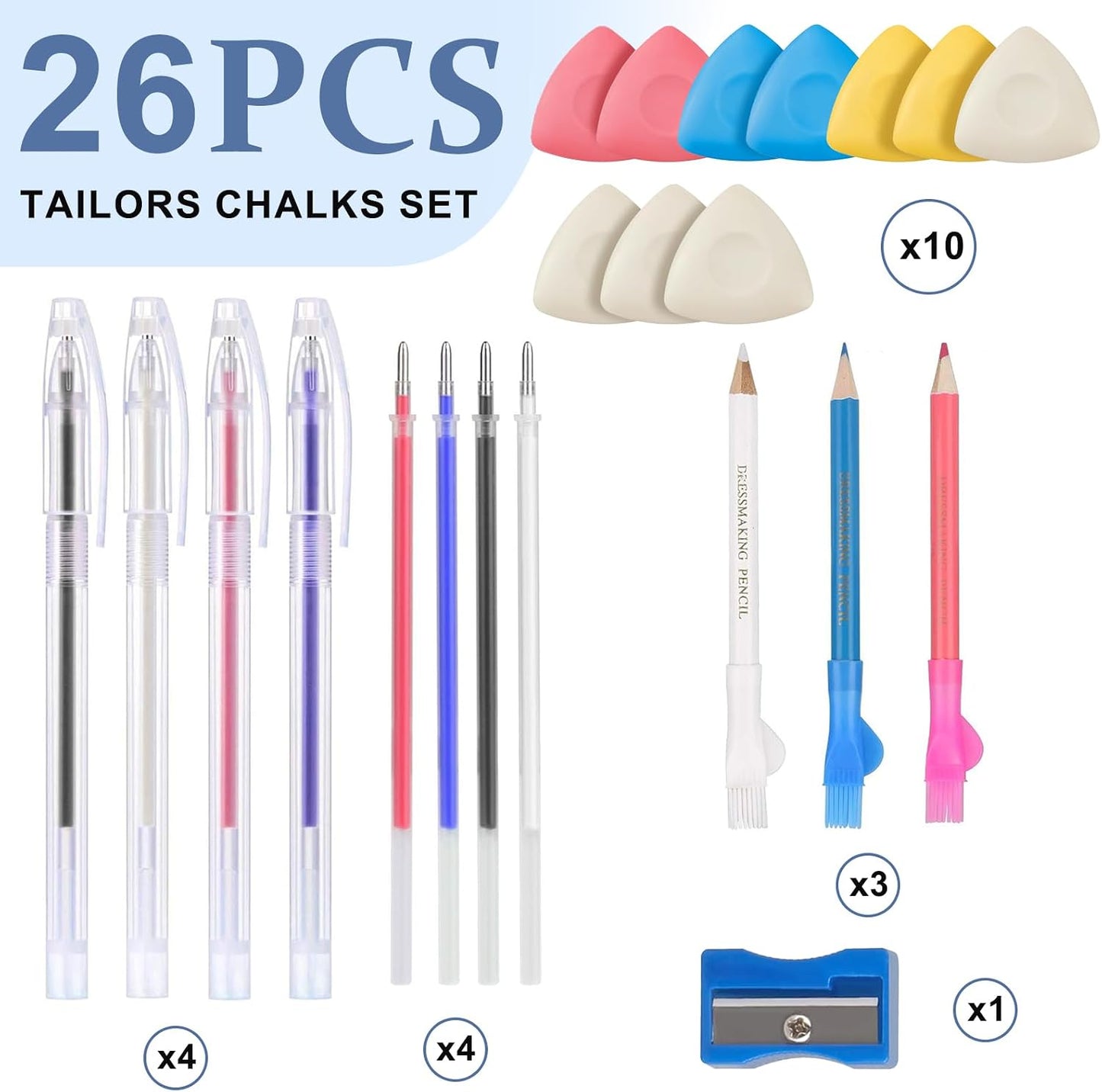 Tailors Chalk Heat Erasable Pens for Fabric Pencils for Sewing, Fabric Markers Chalk for Quilting, 26 Pcs Sewing Accessories Supplies