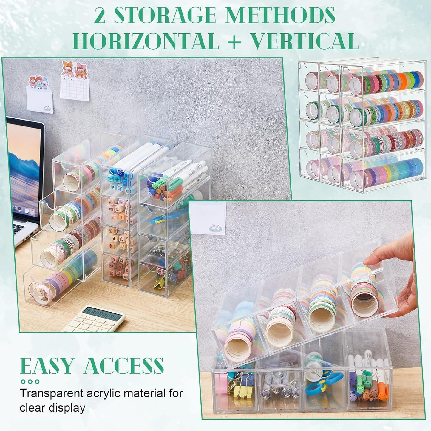 3 Pack Acrylic Washi Tape Organizer, Clear Washi Tape Storage Holder with 4 Sliding Drawers, Desk Accessories Display Caddy Craft Box for Scrapbooking Art Craft Supplies