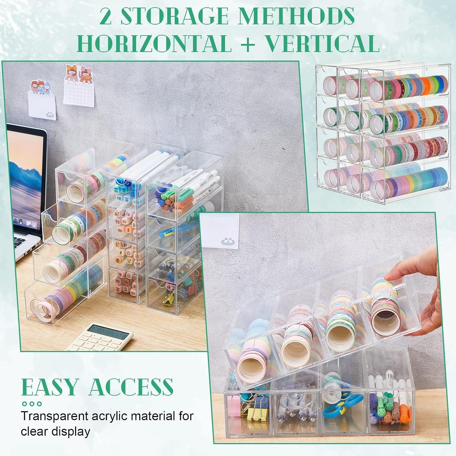 3 Pack Acrylic Washi Tape Organizer, Clear Washi Tape Storage Holder with 4 Sliding Drawers, Desk Accessories Display Caddy Craft Box for Scrapbooking Art Craft Supplies