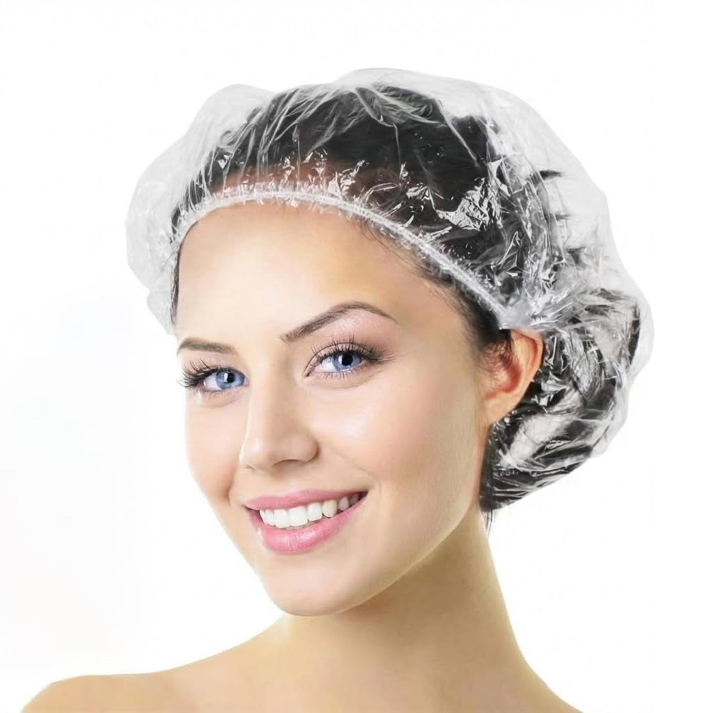 Shower Cap Disposable, 50 PCS Bath Caps Larger Thick Clear Waterproof Plastic Elastic Hair Bath Caps for Women, Hotel Travel Essentials Accessories Deep Conditioning Hair Care Cleaning Supplies