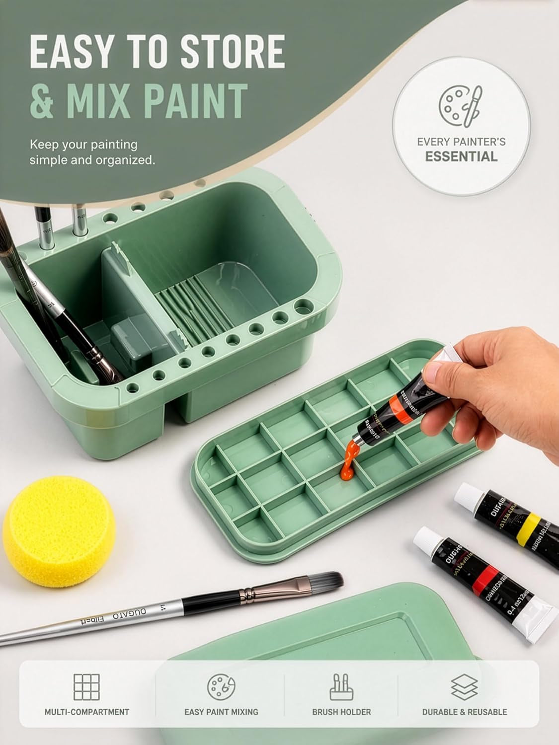 3-In-1 Paint Brush Cleaner, Washer, Holder & Palette - Artist Basin with Lid & Sponges for Acrylic, Watercolor, Oil Painting - Art Studio Organizer (Green)