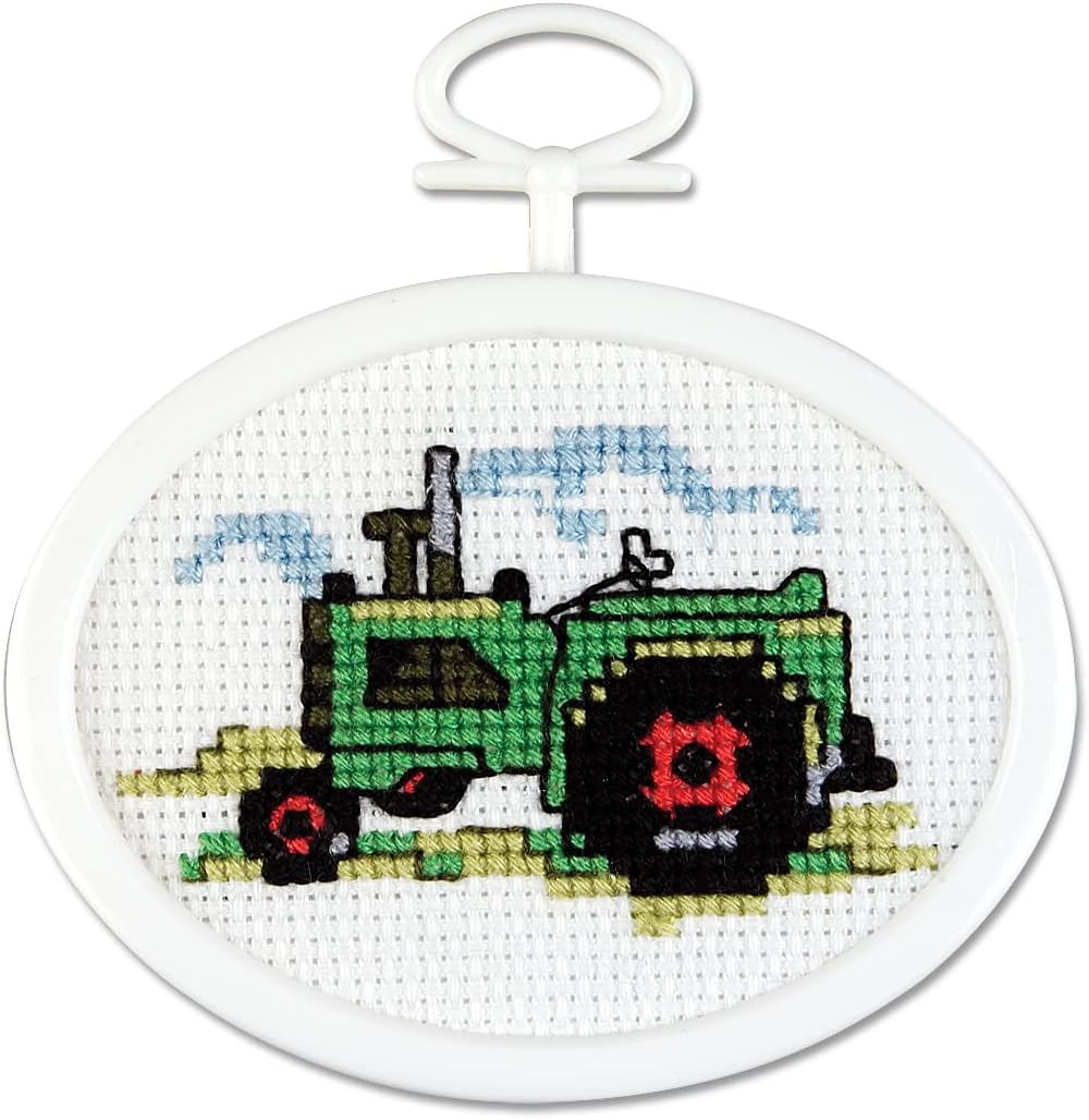Janlynn Oval Mini Counted Cross Stitch Kit, 2-3/4-Inch, Tractor